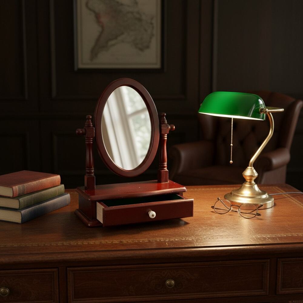 Vintage Style Vanity Mirror w Drawer-Traditional Tabletop-Mahogany Tone-Classic - Picture 5 of 10